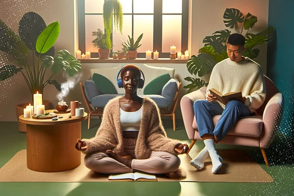 A couple in a room meditating, burning sage and reading a book showing strategies to overcome Post-concert depression