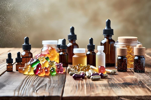A table with all of the popular CBD product types on top of it, including gummies, oils and capsules