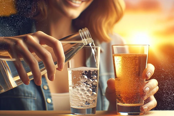 A woman preventing Hangxiety by drinking a glass of water before a beer