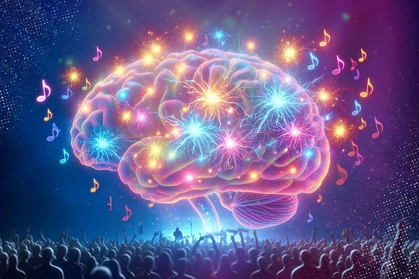 A 3D image of a brain with neurons firing music notes, showing the science behind Post-concert depression