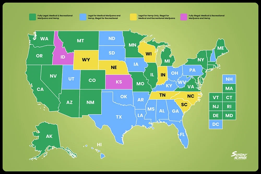 A map outlining the legality of THC gummies for each state for medical & recreational marijuana as well as hemp