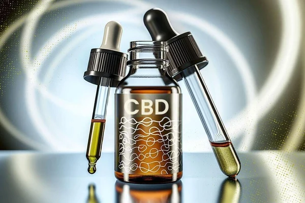 A bottle of Full Spectrum CBD next to two pipettes