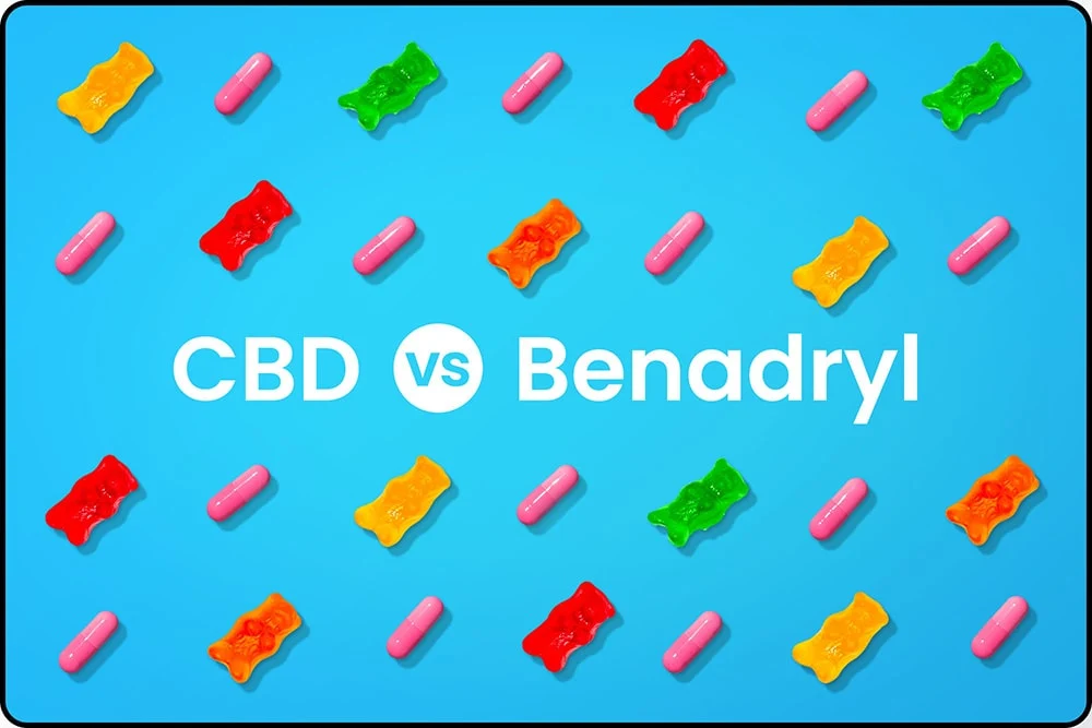 An image showing gummy bears next to capsules for CBD vs. Benadryl for sleep