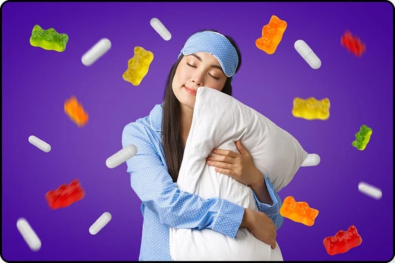 An image of a woman holding a pillow with CBD gummies and melatonin pills in the image showing which is better