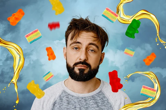 Sunday Scaries CBD Gummies, CBD Candy and CBD Oil flying around a man who is noticeably hungover