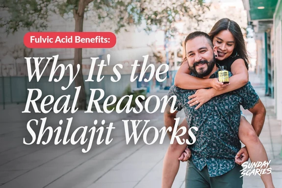 A woman holding a Sunday Scaries Shilajit gummies bottle jumps on the back of her boyfriend. 