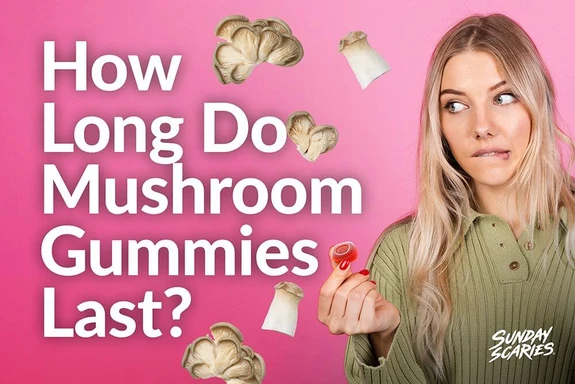 A skeptical woman holds up a mushroom gummy wondering how long they last