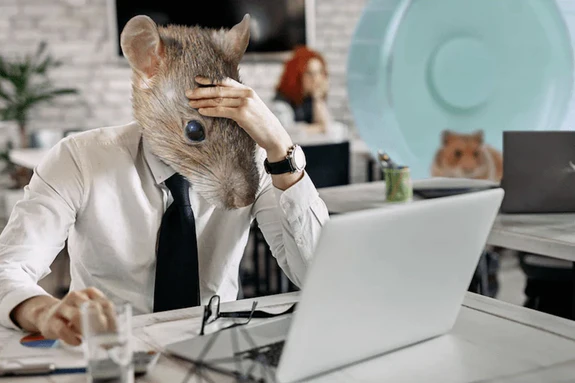 A young professional is stressed at his office desk and has the head of a rat because he's trying to escape the rat race - Sunday Scaries