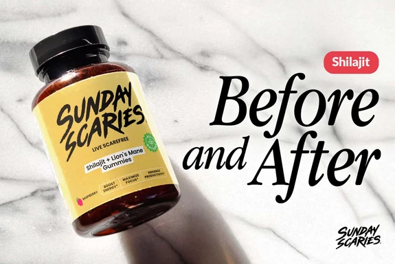 A bottle of Sunday Scaries Shilajit gummies on a counter with the text Shilajit before and after. 