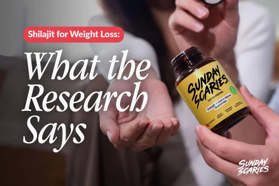 A man shares his bottle of Sunday Scaries Shilajit gummies with a woman as she holds her hand out. 