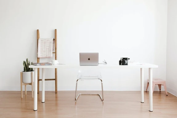 An organized home office desk setup with a jade plant to promote a calm environment