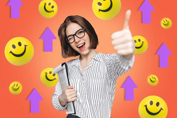 A girl in glasses holds a notepad and gives a thumbs up with a smiley face and purple "Up" arrow background