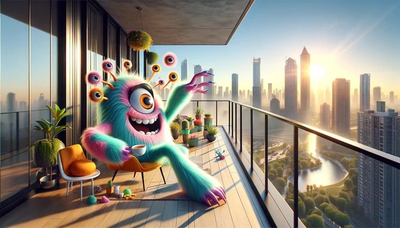 A monster sits on the balcony of its apartment drinking tea and showing things to do on a Sunday morning