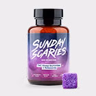 The Sunday Scaries THC Gummies for Sleep bottle with a purple gummy next to it