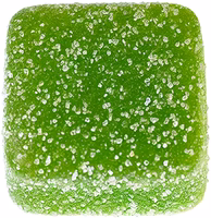 Green square vegan gummy with a sugary texture on a white background