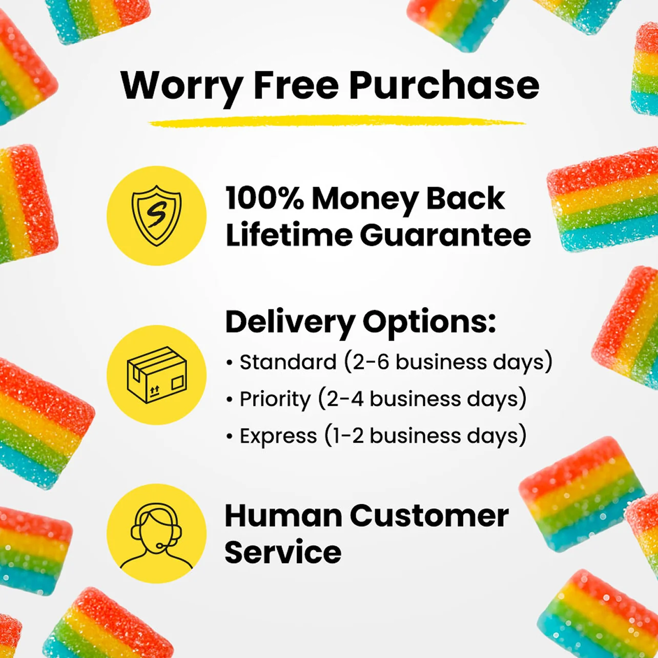 Product purchase details with rainbow-colored candies in the background.
