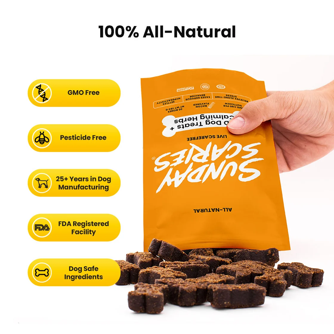 A hand dumps out a bag of Sunday Scaries calming dog treats with product call out icons like 100% all-natural