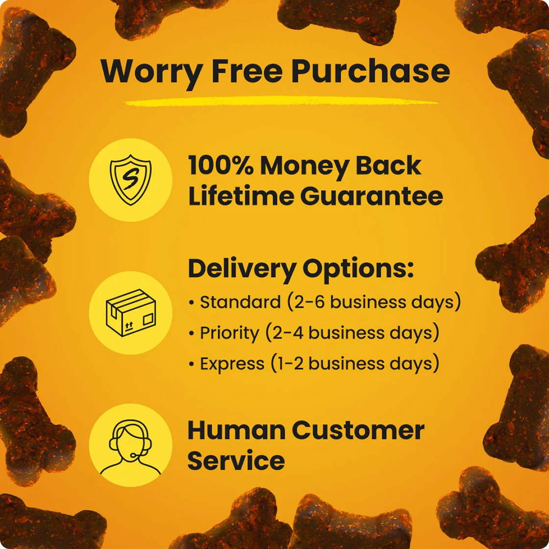 The Sunday Scaries worry-free purchase showing the 100% lifetime guarantee and delivery options with bones in the background