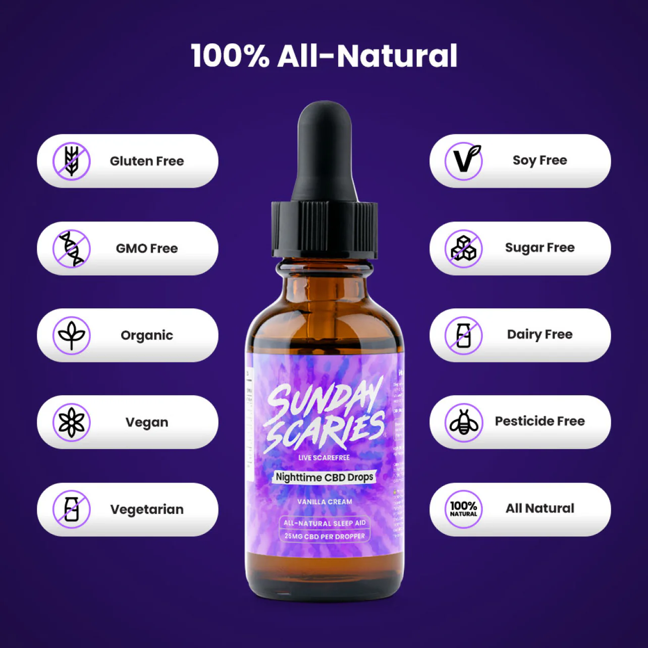 A list of commitments, including 100% all-natural for Sunday Scaries CBD sleep oil