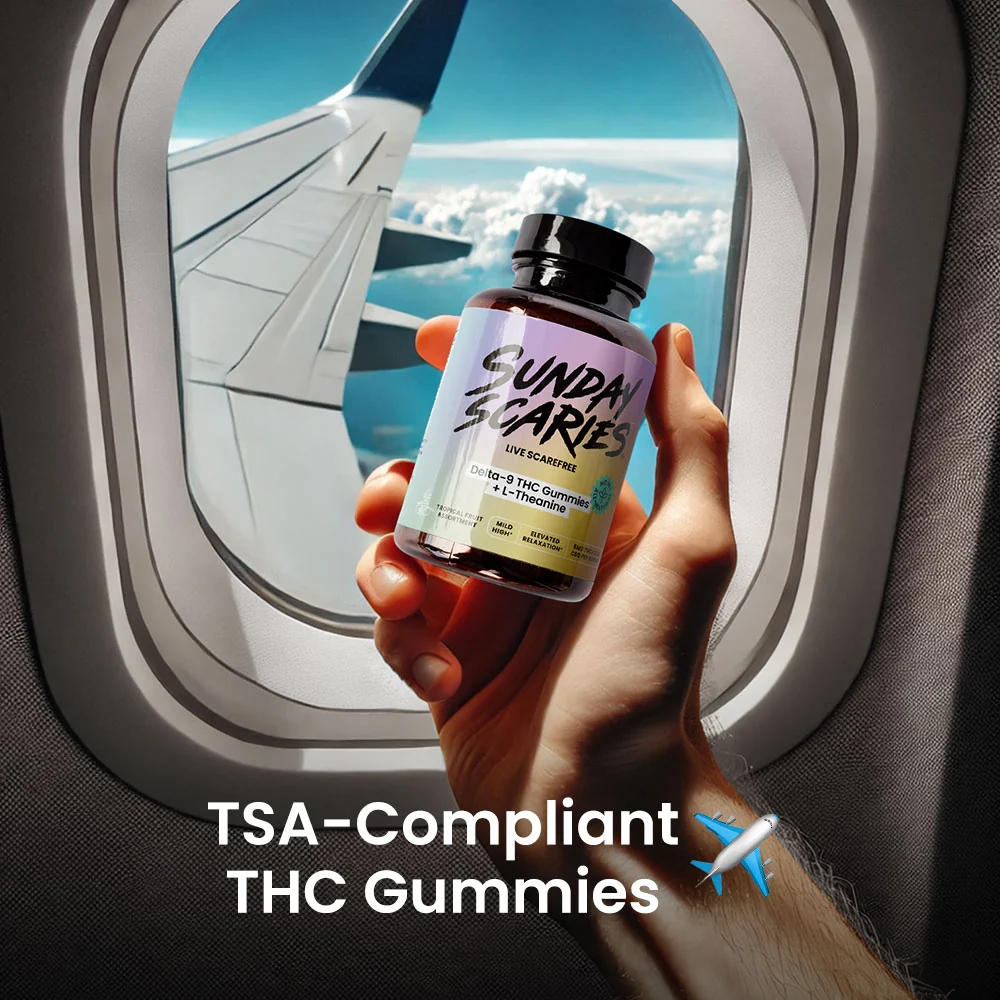 A hand holds up a Sunday Scaries delta-9 gummies bottle in an airplane window showing TSA compliance