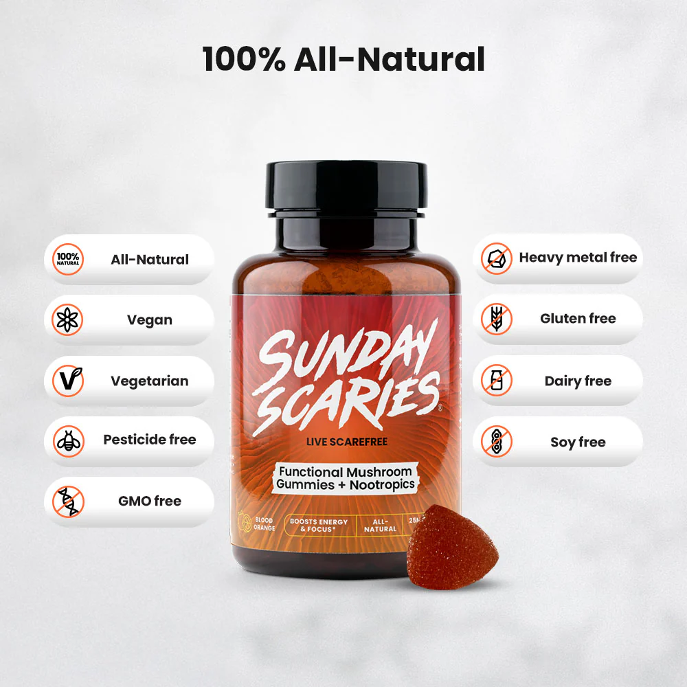 The Sunday Scaries functional mushroom gummies bottle on white background with ingredient call outs including 