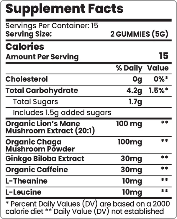 Mushroom Gummies for Focus Nutrition Label