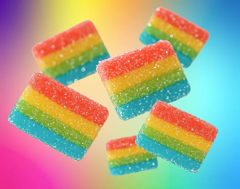 Sunday Scaries CBD rainbow chews on a colorful backdrop