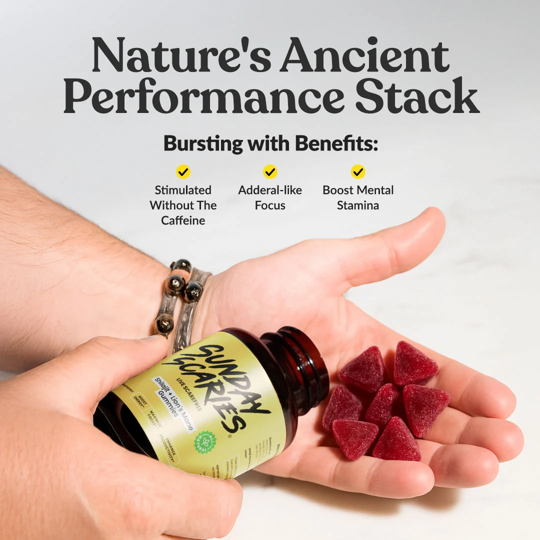 A person holding our Raspberry Shilajit gummies, showing that it's nature's ancient performance stack. 