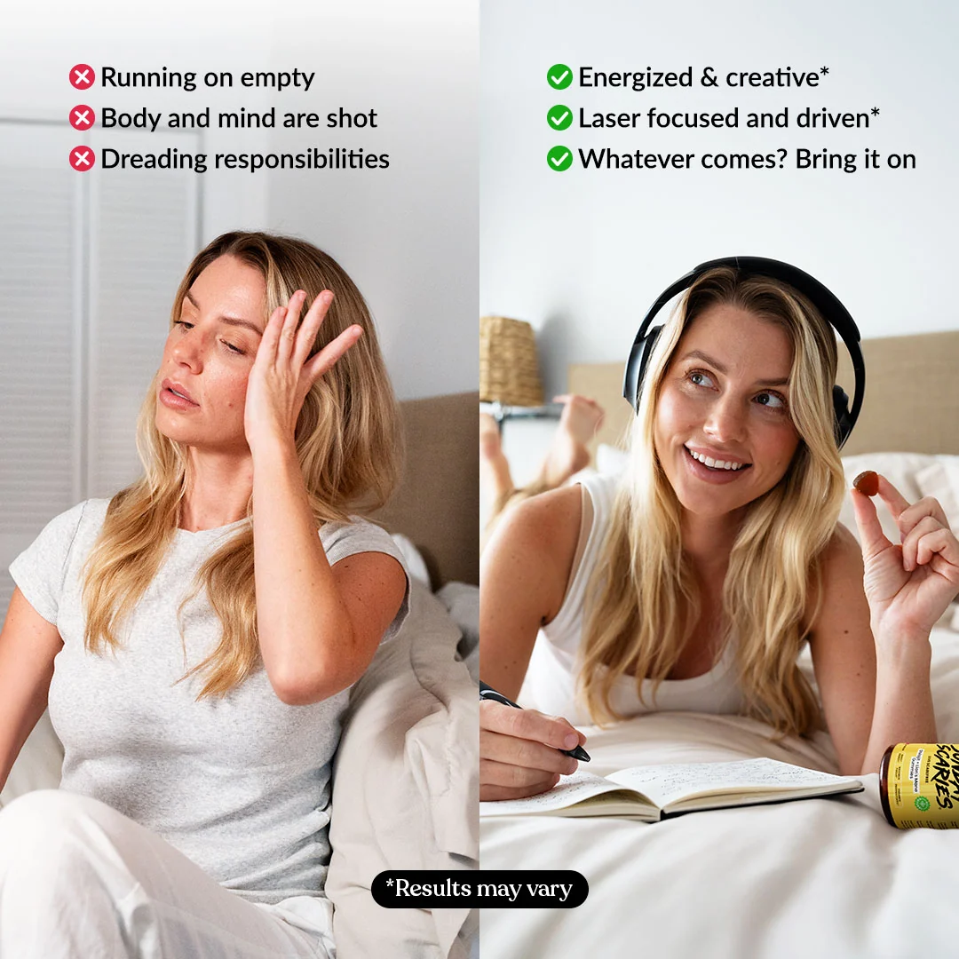 A before and after picture of a lady eating our Shilajit gummies. 