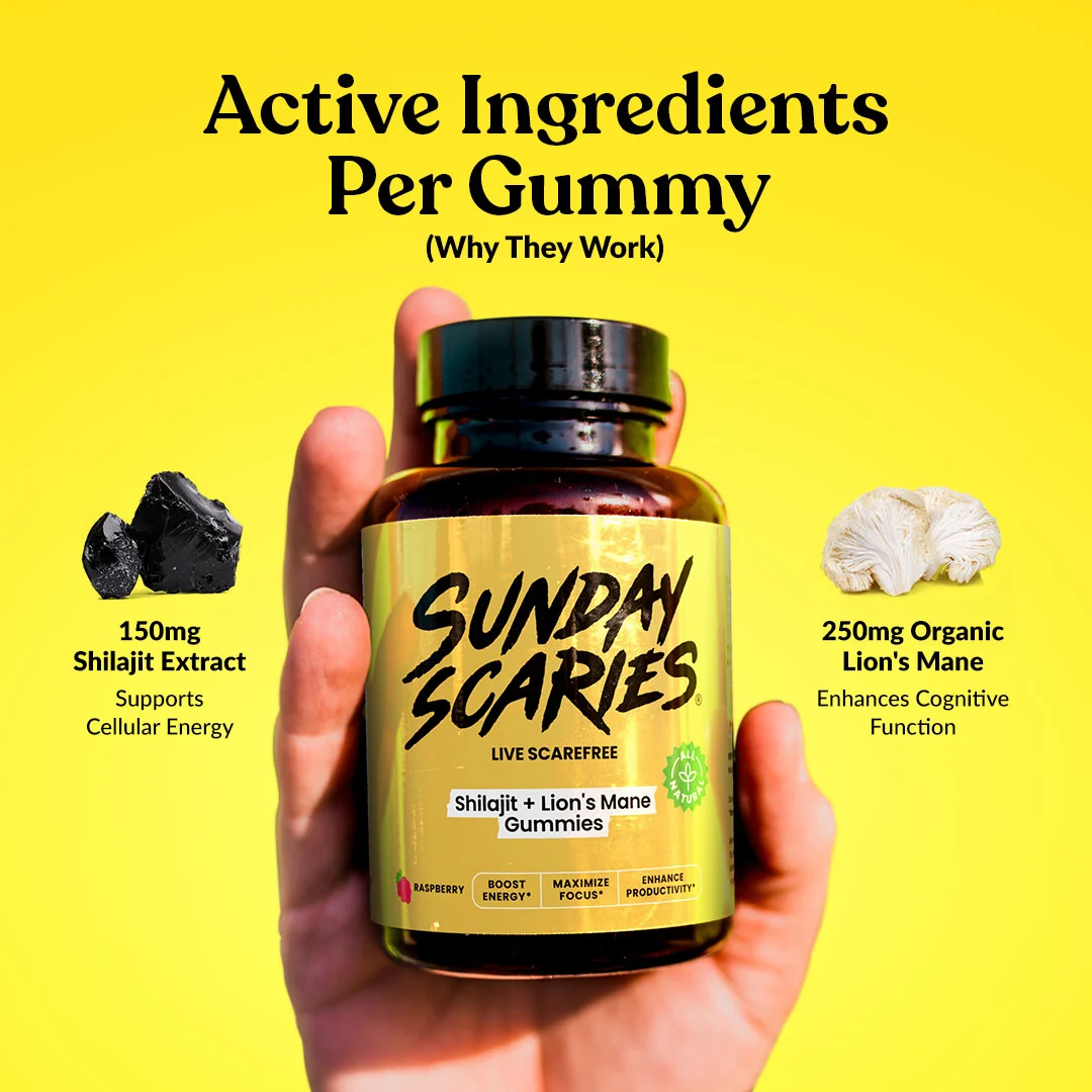 A hand holding our bottle, showing the active ingredients per gummy in our Shilajit gummies 