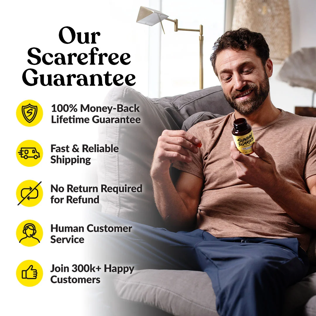 Man holding a bottle with 'Scarefree' branding, sitting on a couch with promotional text about their guarantee.