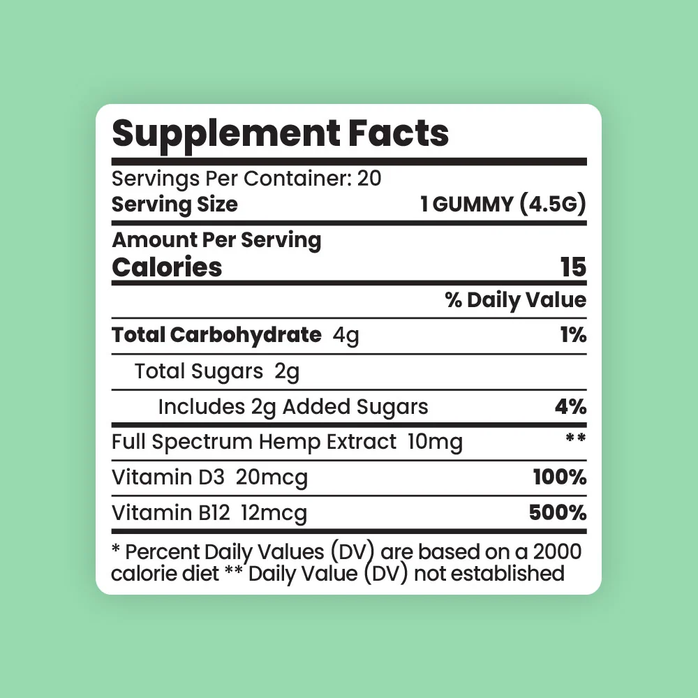 Supplement facts label for Sunday Scaries Vegan CBD gummies on a green background