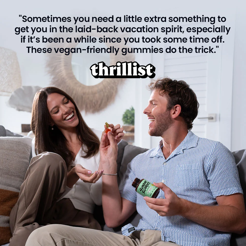Man and woman sitting on a couch, man holding a bottle of gummies with a qoute from Thrillist that says 